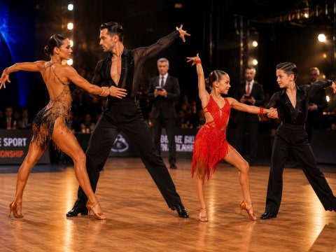 Couple de danseurs en compétition de danses latines, exécutant une chorégraphie élégante et dynamique sur piste de danse.