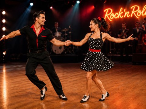 Couple de danseurs pratiquant le rock en danse de couple, réalisant une figure dynamique et rythmée sur piste de danse.